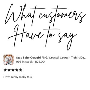 Op de afbeelding: Een digitale grafische weergave met de tekst What customers Have to say in zwart cursief schrift. Onder de tekst staat een miniatuur van een wit t-shirt met een grafische print, gevolgd door vijf zwarte sterren en de tekst I love really really this.