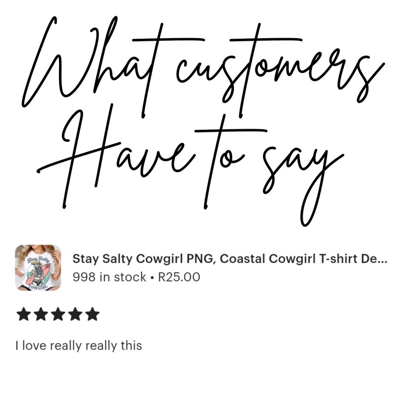 Op de afbeelding: Een digitale grafische weergave met de tekst What customers Have to say in zwart cursief schrift. Onder de tekst staat een miniatuur van een wit t-shirt met een grafische print, gevolgd door vijf zwarte sterren en de tekst I love really really this.