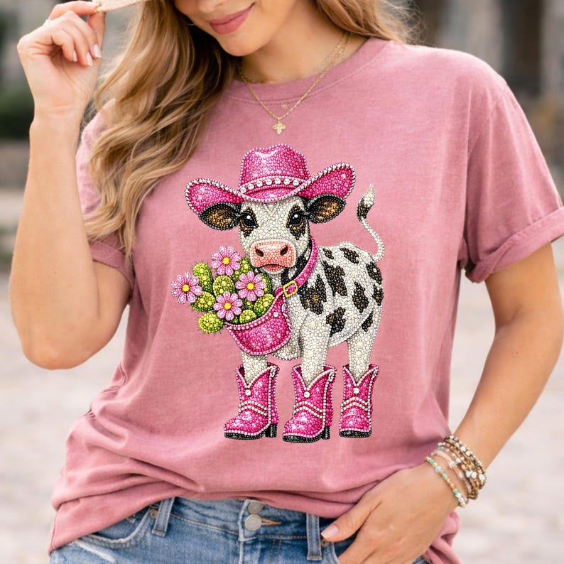 Op de afbeelding: Roze t-shirt met een strass koeienontwerp. De koe draagt een roze cowboyhoed en laarzen en draagt een roze tas met bloemen. De koe heeft zwart-witte vlekken. Het t-shirt is effen roze.