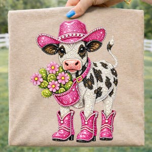 Op de afbeelding: Een illustratie van een koe met een roze cowboyhoed en laarzen met strass-steentjes. De koe heeft zwart-witte vlekken en draagt een roze tas vol bloemen. De afbeelding heeft een beige achtergrond.