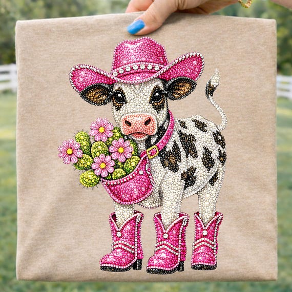 Motherly Mothers Day Bling Pearl Design, Faux Crystals Baby Cow PNG, Floral Western T-shirt Graphic, Cowgirl Mama Sublimation Dtf Dtg File