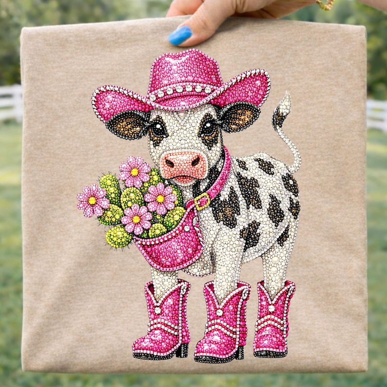 Op de afbeelding: Een illustratie van een koe met een roze cowboyhoed en laarzen met strass-steentjes. De koe heeft zwart-witte vlekken en draagt een roze tas vol bloemen. De afbeelding heeft een beige achtergrond.