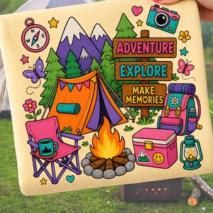 May include: A beige camping-themed design with a tent, campfire, and backpack. The image includes a compass, mountains, and signs that read "Adventure", "Explore", and "Make Memories". A pink chair and cooler are also present.