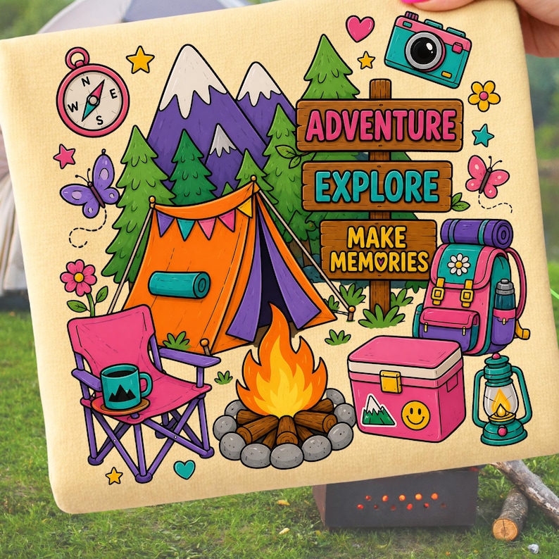 May include: A beige camping-themed design with a tent, campfire, and backpack. The image includes a compass, mountains, and signs that read "Adventure", "Explore", and "Make Memories". A pink chair and cooler are also present.