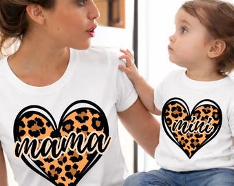Leopard Mama Mini Heart PNG, Mommy and Me Graphic, Mother and Baby Shirt Combo, Punchy Girly Moederdag T-shirt Sublimatieset voor DTF