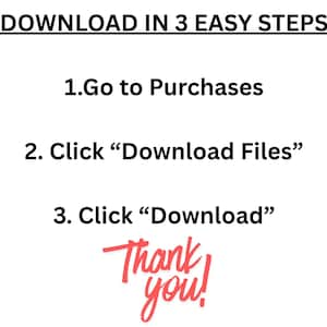 Op de afbeelding: Een witte informatieve afbeelding met zwarte tekst die luidt: DOWNLOAD IN 3 EASY STEPS, 1.Go to Purchases, 2. Click &ldquo;Download Files&rdquo;, 3. Click &ldquo;Download&rdquo;. Onder de tekst staat de zin Thank you! in een gestileerd rood handschrift.