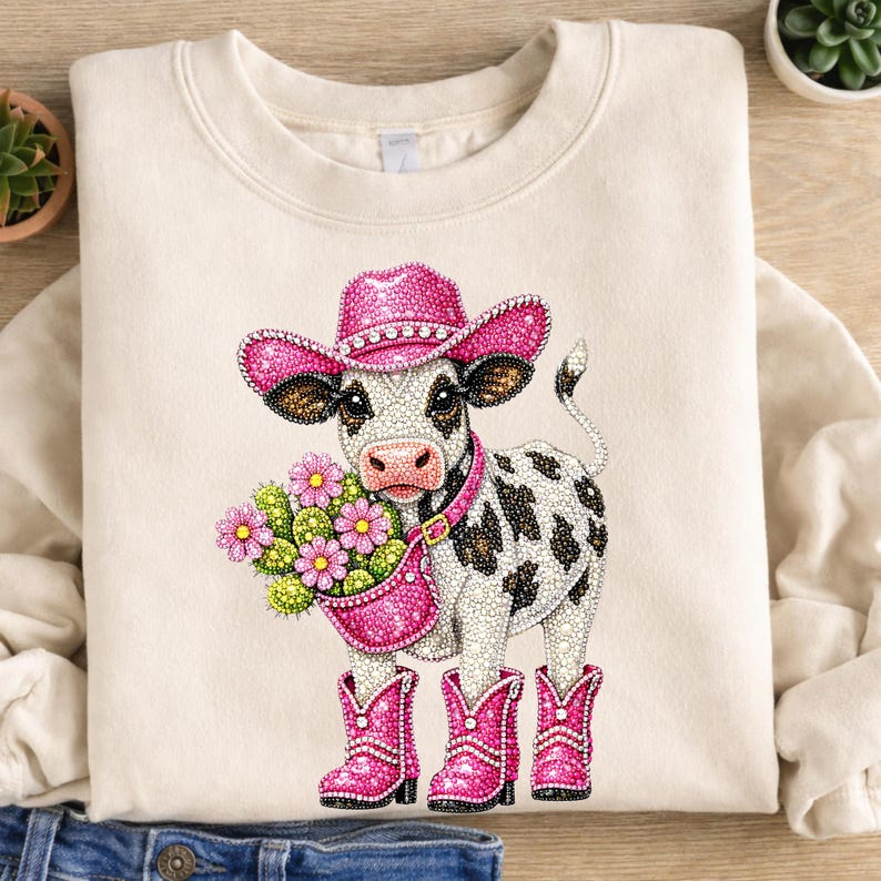 Op de afbeelding: Cr&egrave;mekleurige sweatshirt met een met strass versierde koe met een roze cowboyhoed, laarzen en een halsband. De koe houdt een roze bloemenmand vast. De koe heeft zwart-witte vlekken.