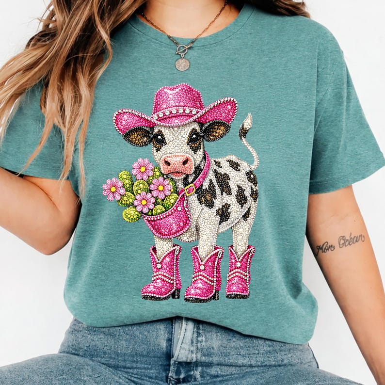 Op de afbeelding: Tealkleurig T-shirt met een met strass versierd koeienontwerp. De koe draagt een roze cowboyhoed en laarzen en draagt een roze bloemenmand. De koe heeft zwart-witte vlekken. Een leuk en kleurrijk ontwerp.