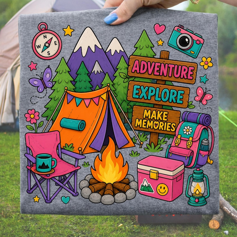 May include: A grey square t-shirt with a vibrant camping design. The illustration shows a tent, campfire, mountains, and the words "Adventure, Explore, Make Memories." Other elements include a compass, camera, and backpack.