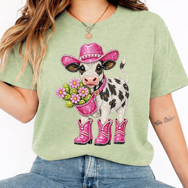 Op de afbeelding: Lichtgroen T-shirt met een koe-illustratie. De koe draagt een roze cowboyhoed, laarzen en een handtas vol bloemen. De koe heeft zwart-witte vlekken. Het ontwerp is gedetailleerd en kleurrijk.