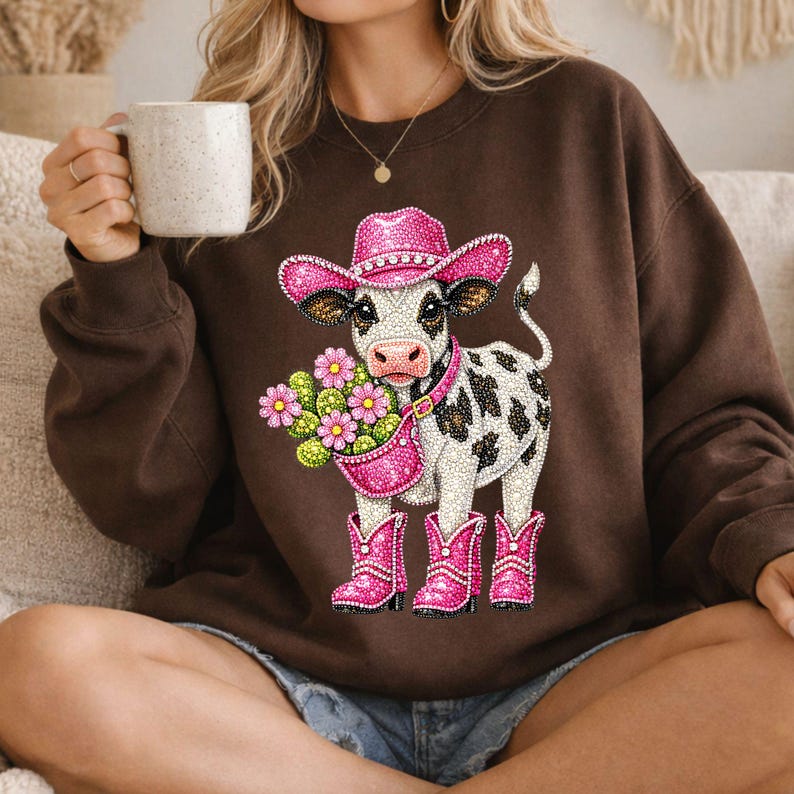 Op de afbeelding: Een bruine sweatshirt met een met strass versierd koeienontwerp. De koe draagt een roze cowboyhoed en laarzen en draagt een roze tas met bloemen. De koe heeft zwarte vlekken. De achtergrond is bruin.