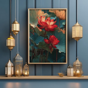Red Lotus Flower, Asian Botanical Print, Zen Pond Deco - Etsy