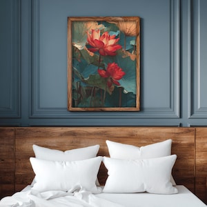 Red Lotus Flower, Asian Botanical Print, Zen Pond Deco - Etsy