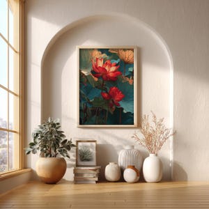 Red Lotus Flower, Asian Botanical Print, Zen Pond Deco - Etsy