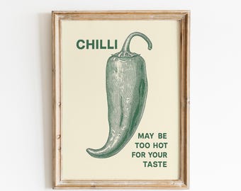 Chilli Poster – Vintage Green Pepper Print – Spicy Kitchen Wall Art – Retro Food Illustration