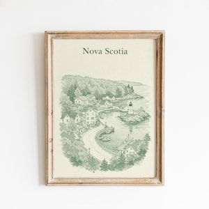 May include: A framed print of Nova Scotia, featuring a detailed pen and ink illustration of a coastal town. The artwork, in shades of green, depicts houses, a lighthouse, and a winding road along the water. The text "Nova Scotia" is at the top.