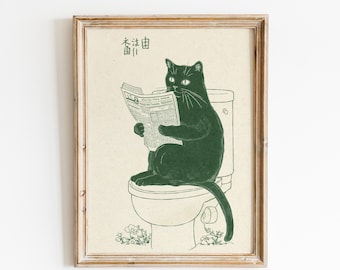 Funny Cat Reading Newspaper Bathroom Illustration Minimal Wall Art