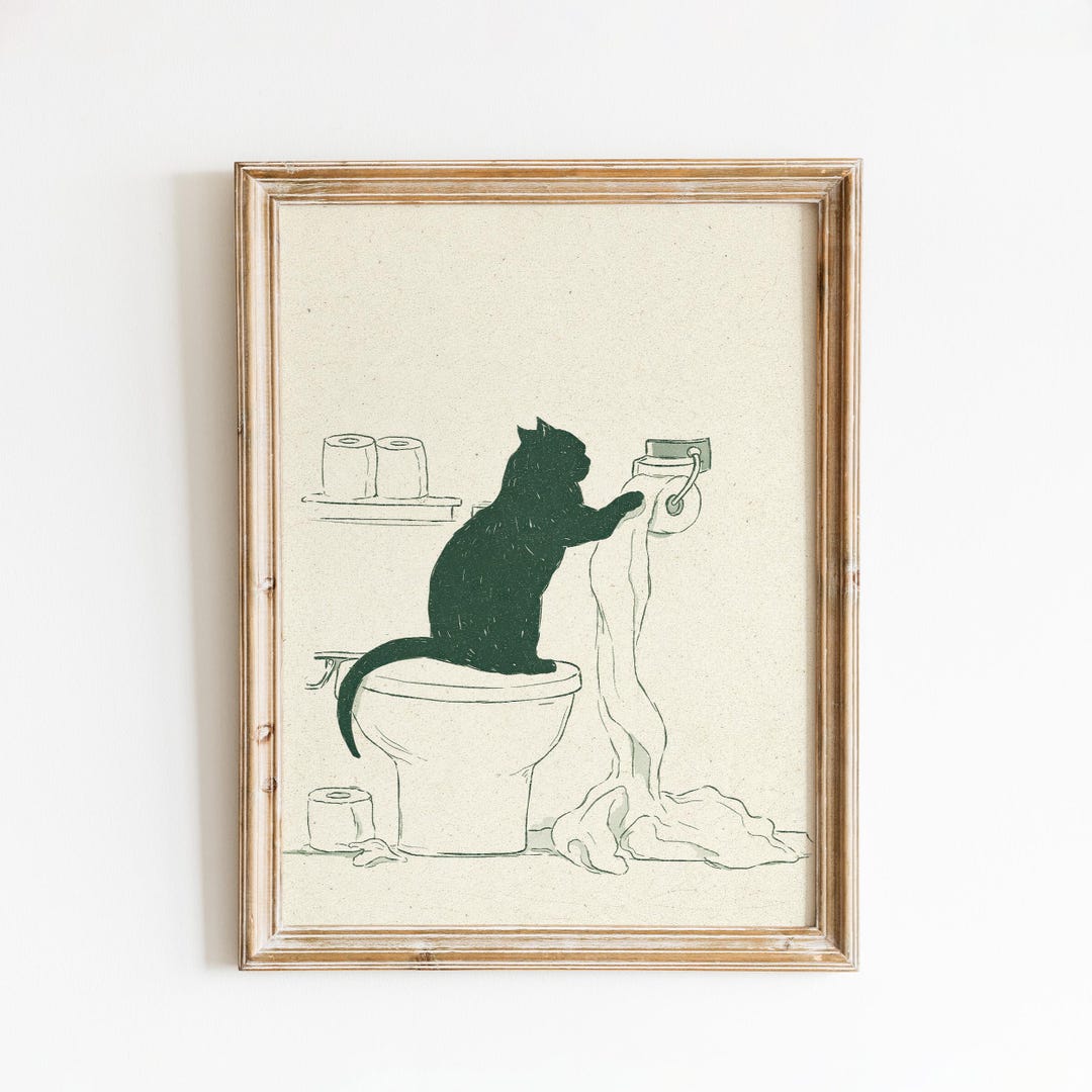Funny Cat Bathroom Illustration Minimal Toilet Wall Art - Etsy