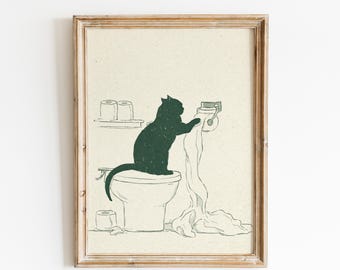 Illustration de salle de bain drôle de chat Art mural minimal de toilettes