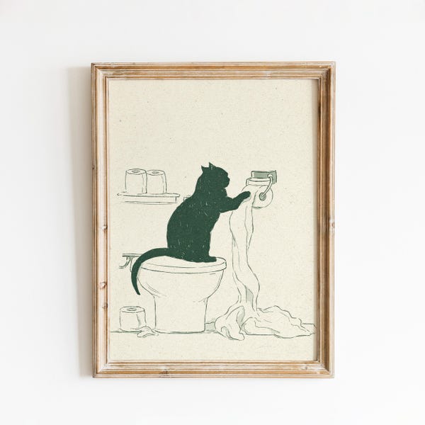 Funny Cat Bathroom Illustration Minimal Toilet Wall Art