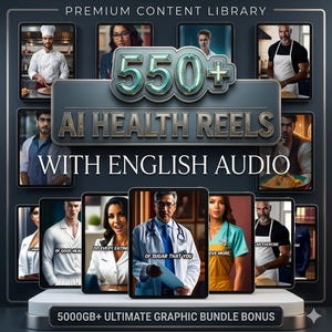 Op de afbeelding: Een digitale afbeelding die "AI Health Reels" met Engelse audio promoot. De afbeelding toont een centraal display met de tekst "550+" en "AI HEALTH REELS". Kleinere schermen eromheen tonen gezondheidsgerelateerde afbeeldingen en tekst, waaronder "5000GB+ ULTIMATE GRAPHIC BUNDLE BONUS".
