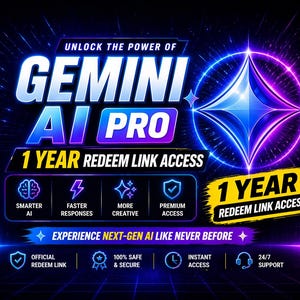 Puede incluir: Gráfico digital promocionando Gemini AI Pro, con un diseño neón azul y morado. El texto destaca "Gemini AI Pro" y "1 Year Redeem Link Access". Iconos ilustran funciones como IA más inteligente y respuestas más rápidas.