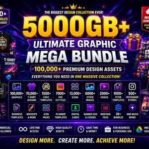 Könnte beinhalten: Werbung für ein digitales Grafik-Mega-Bundle mit einem lila-blauen Farbverlauf. Der Text lautet "5000GB+ Ultimate Graphic Mega Bundle" und "100,000+ Premium Design Assets". Enthält Logos, Vorlagen, Icons, Stockbilder, Videos und mehr.