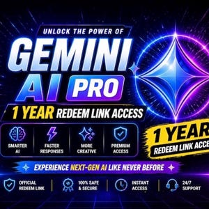 May include: A digital advertisement for Gemini AI Pro, featuring a vibrant design with blue, purple, and white text. The graphic highlights "1 Year Redeem Link Access" and promises "Smarter AI" and "Faster Responses."