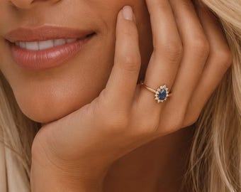 Bague Saphir Bleu Plaqué Or 18K - Bague de Fiançailles Vintage Zirconium - Bague Femme - Cadeau Femme -Inspiration Bague Princesse Diana