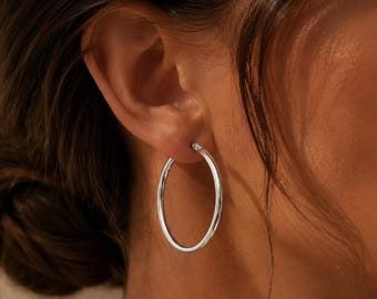 Sterling Silver 925 Rhodium Hoop Earrings 40mm - Large Silver Hoops - Minimalist Earrings - Everyday Jewelry - Gift for Her - Made in France