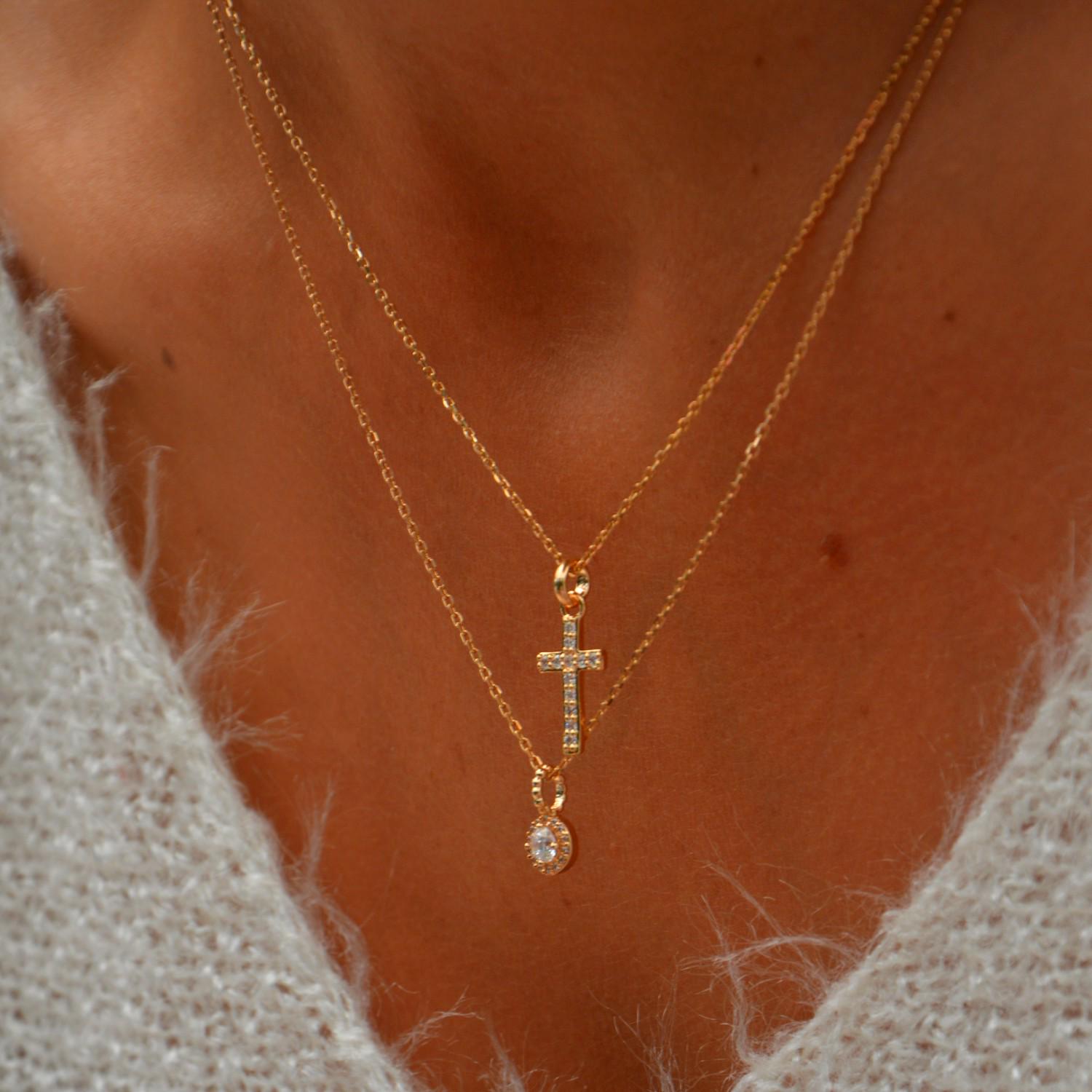 Lot Pendentif Croix Plaqué Or Avec Zirconium + Chaîne - Longueur Au Choix - Neuf étiqueté