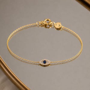 Bracelet Mauvais Œil Plaqué Or 18K - Bracelet Protection Femme  Zircon Bleu & Blanc - Bracelet Porte-Bonheur Réglable - Bijou Œil Grec Bleu