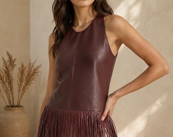 Leather Fringe Vest for Women Boho Western Leather Top Backless Fringe Waistcoat Festival Outfit Cowgirl Style Vest christmas gift for her