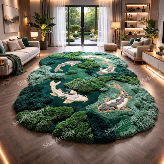 Hand Tufted Koi Fish Rug, Japanese Garden Area Rug, Luxury Wool Zen Rug, Nature Inspired Japandi Statement Floor Rug