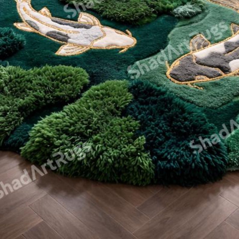 K&ouml;nnte beinhalten: Nahaufnahme eines gr&uuml;nen Teppichs mit Koi-Karpfen-Design. Der Teppich hat verschiedene Gr&uuml;nt&ouml;ne mit einem strukturierten, weichen Aussehen. Die Koi-Karpfen sind wei&szlig;, grau und goldfarben und setzen einen Kontrast. Der Teppich liegt auf einem Holzboden.