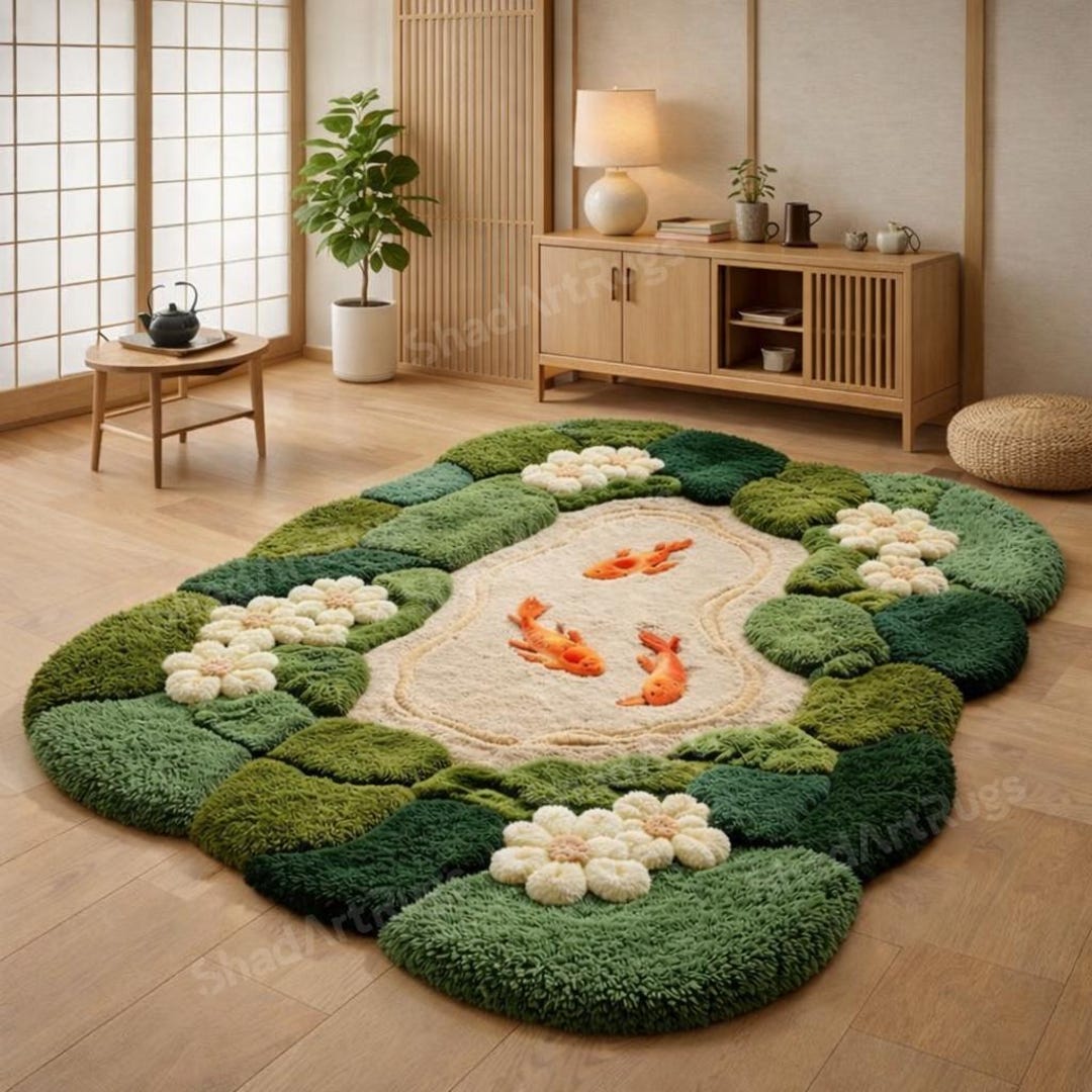 Hand Tufted Koi Fish Area Rug | Japanese Garden Rug | Zen Nature ...
