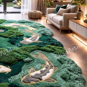 K&ouml;nnte beinhalten: Ein gro&szlig;er, gr&uuml;ner und t&uuml;rkisfarbener Teppich mit einem Koi-Karpfen-Design. Der Teppich zeigt ein detailliertes Muster von Koi-Karpfen, die in einem Teich schwimmen, mit strukturierten, erhabenen Bereichen, die Wasser und Bl&auml;tter darstellen. Der Teppich liegt auf einem Holzboden.