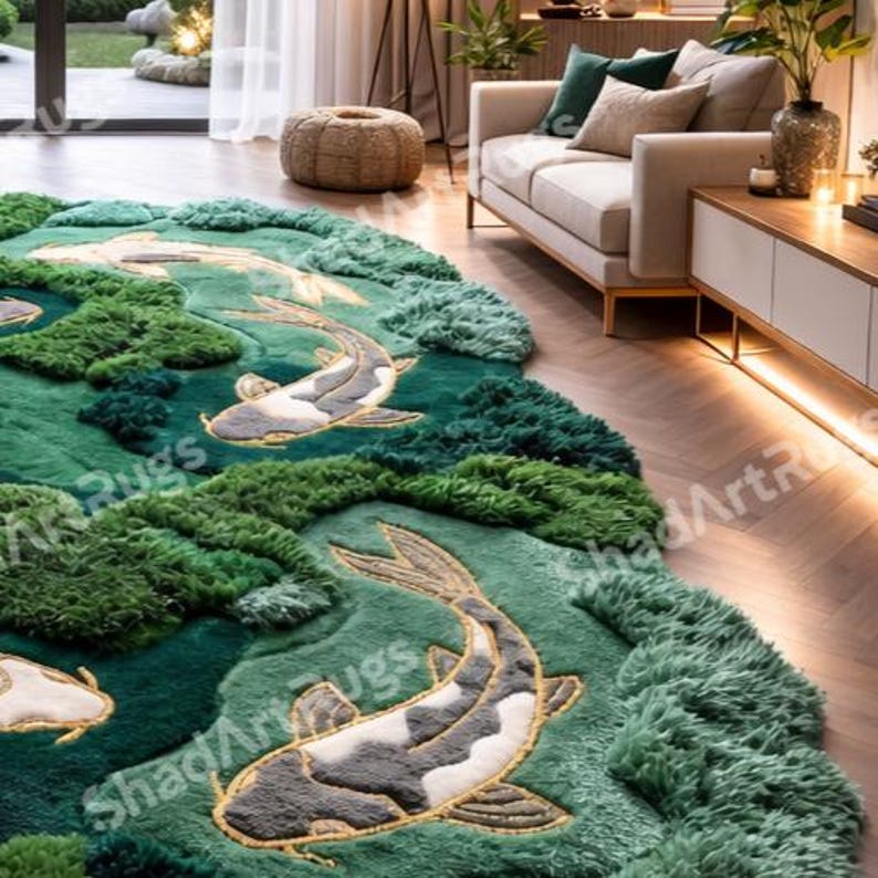K&ouml;nnte beinhalten: Ein gro&szlig;er, gr&uuml;ner und t&uuml;rkisfarbener Teppich mit einem Koi-Karpfen-Design. Der Teppich zeigt ein detailliertes Muster von Koi-Karpfen, die in einem Teich schwimmen, mit strukturierten, erhabenen Bereichen, die Wasser und Bl&auml;tter darstellen. Der Teppich liegt auf einem Holzboden.
