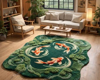Handgetufteter Koi-Fischteppich, japanischer Zen-Teppich, Japandi-Wollteppich, Naturinspirierter Schlafzimmer-Wohnzimmerteppich