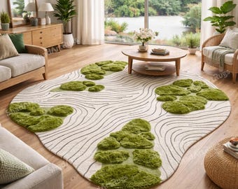 Handgetufteter Bio-Moosteppich, moderner von der Natur inspirierter Wollteppich, geformter grüner Wohnzimmer- und Schlafzimmer-Bodenteppich