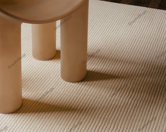 Hand getufteter Wollteppich | Gerippter Neutraler Teppich im Japandi-Stil