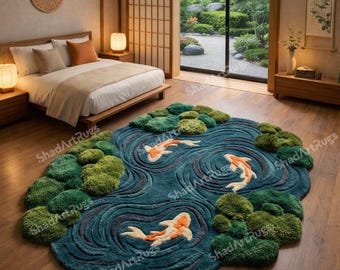 Handgetufteter Koi-Fischteppich, japanischer Zen-Teppich, Japandi-Wollteppich, Naturinspirierter Schlafzimmer-Wohnzimmerteppich