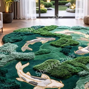 K&ouml;nnte beinhalten: Ein gro&szlig;er, gr&uuml;ner Teppich mit einem Koi-Fisch-Design. Der Teppich hat ein strukturiertes, geschichtetes Design mit Gr&uuml;nt&ouml;nen und Beige. Die Koi-Fische sind mit goldenen Akzenten detailliert, was ein einzigartiges und k&uuml;nstlerisches Wohnaccessoire schafft.