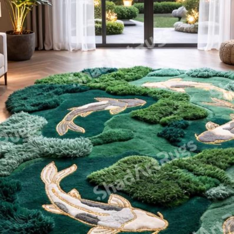 K&ouml;nnte beinhalten: Ein gro&szlig;er, gr&uuml;ner Teppich mit einem Koi-Fisch-Design. Der Teppich hat ein strukturiertes, geschichtetes Design mit Gr&uuml;nt&ouml;nen und Beige. Die Koi-Fische sind mit goldenen Akzenten detailliert, was ein einzigartiges und k&uuml;nstlerisches Wohnaccessoire schafft.