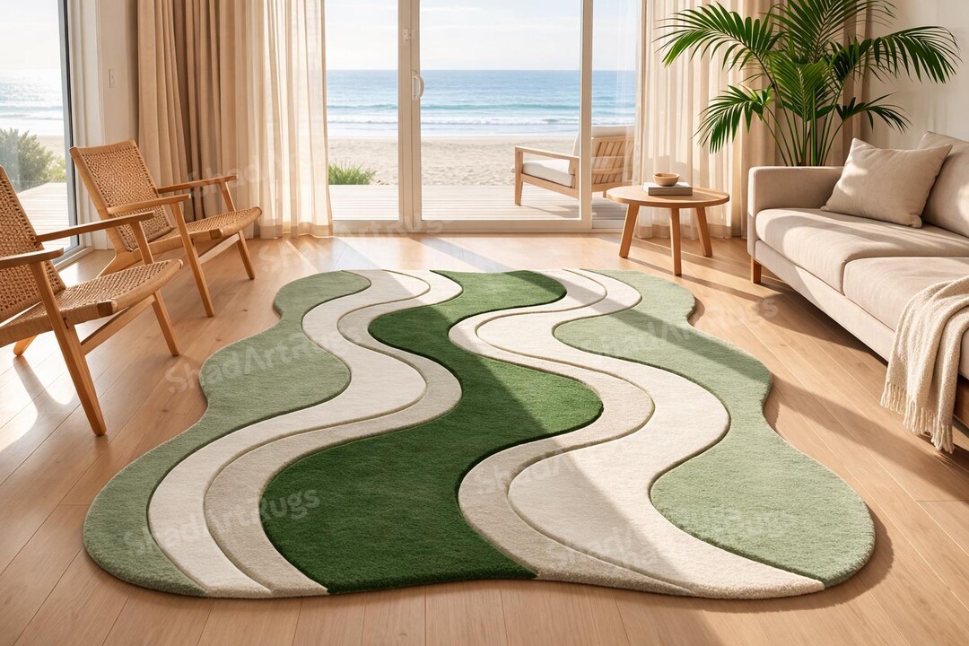Hand Tufted Green Abstract Rug, Organic Shape Wool Area Rug, Modern ...
