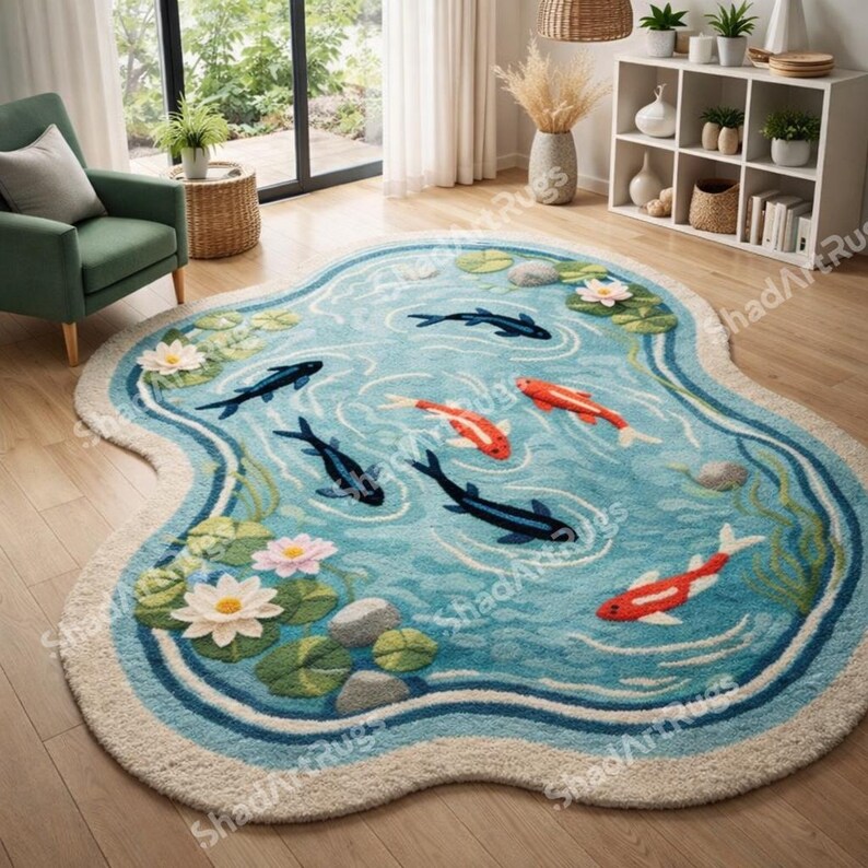 Red Koi Rug Hand Tufted Koi Fish Rug, Japanese Pond Area Rug, Nature Inspired Wool ...