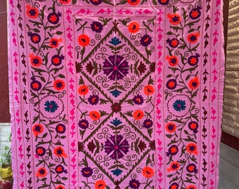 Handmade Suzani Embroidered Cotton Bedspread – Boho Floral Throw Blanket, Ethnic Home Decor
