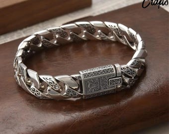 Pulsera de moto punk de plata de ley 925, cadena con diseño de hierba, joyería unisex para moteros.