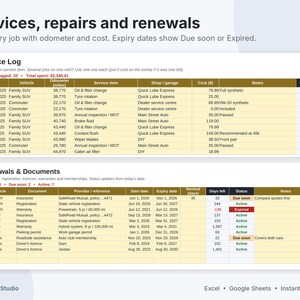 May include: A digital spreadsheet template titled Services, repairs and renewals featuring two tables: Service Log and Renewals & Documents. The tables contain columns for dates, vehicle names, service items, costs, and status updates for vehicle maintenance tracking.