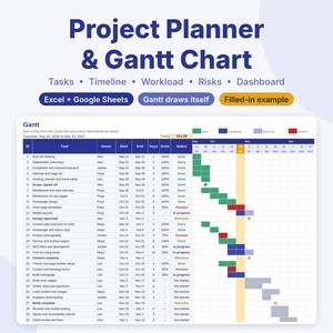 Gantt Chart Excel Template, Project Planner Spreadsheet for Google Sheets & Excel, Project Timeline, Task Tracker, Project Management
